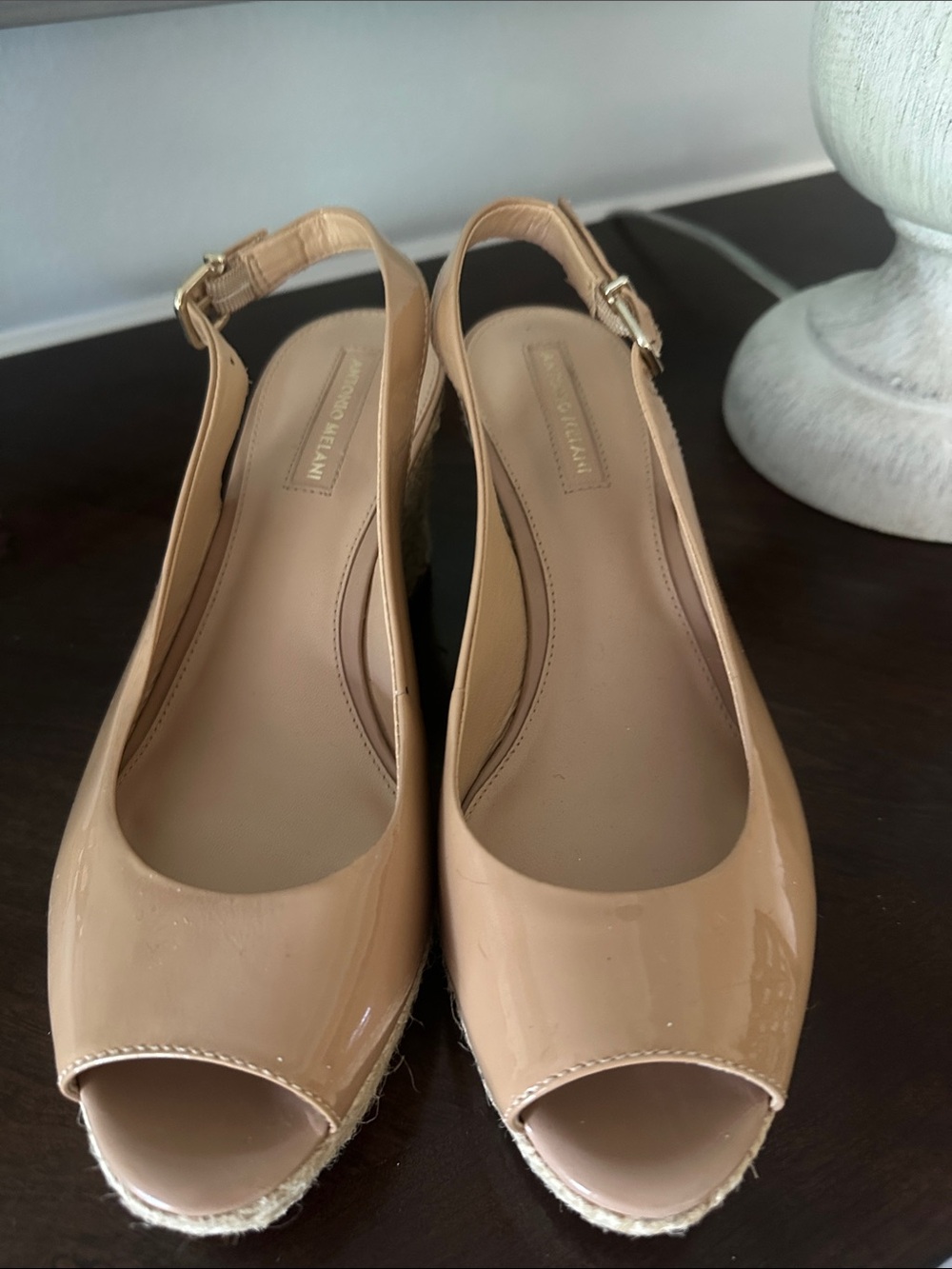 Antonio Melani Nude Patent Leather Peep-Toe Slingback Wedges